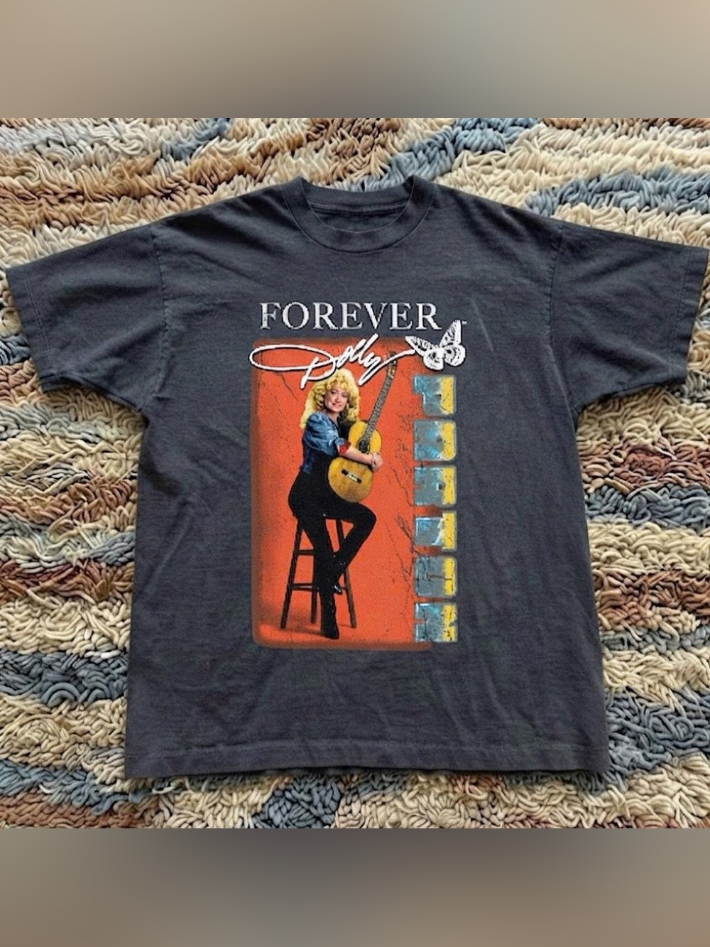Black Tee with Orange Panel and Blue Accents - 'Forever Dolly' Graphic